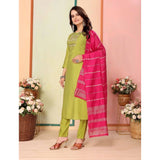 Women's Silk Embroidered 3-4 th Sleeve Sweetheart Neck Kurti With Pant Dupatta Set (Green)