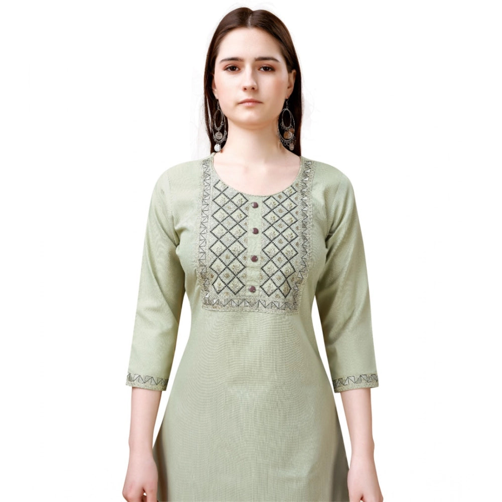 Women's Cotton Blend Embroidered 3-4 th Sleeve Round Neck Kurti With Pant Dupatta Set (Light Green)