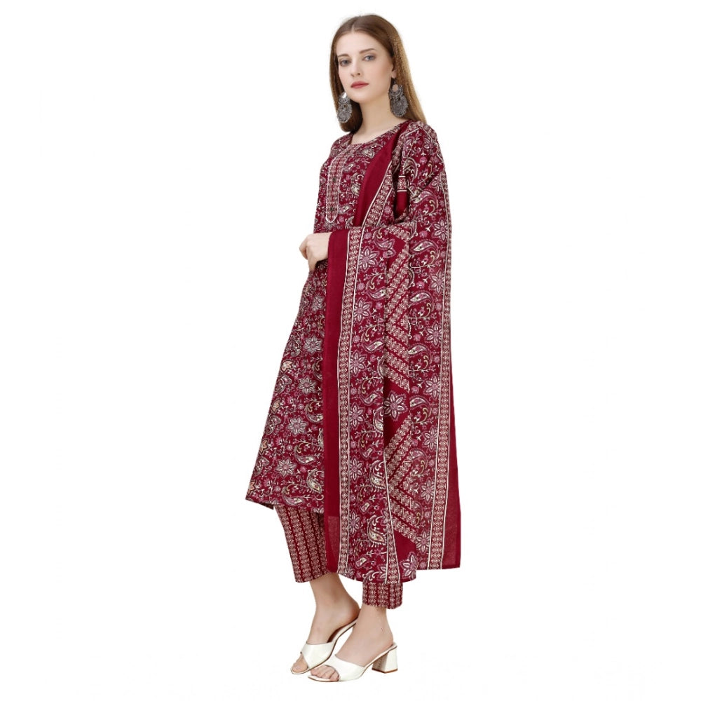 Women's Cotton Blend Printed 3-4 th Sleeve Round Neck Kurti With Pant Dupatta Set (Maroon)