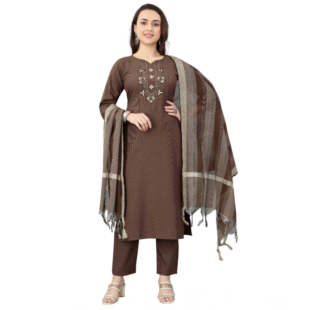 Women's Cotton Blend Mirror Work 3-4 th Sleeve Sweetheart Neck Kurti With Pant Dupatta Set (Brown)