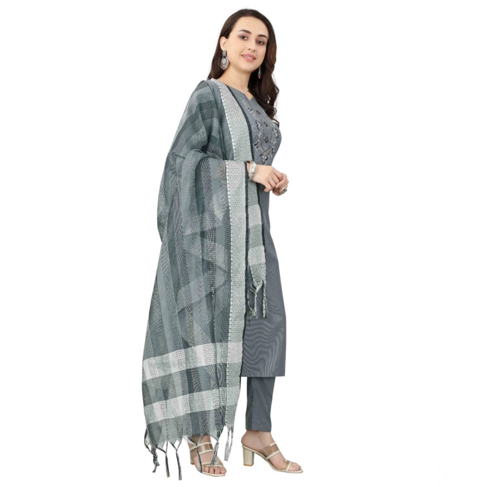 Women's Cotton Blend Mirror Work 3-4 th Sleeve Sweetheart Neck Kurti With Pant Dupatta Set (Grey)