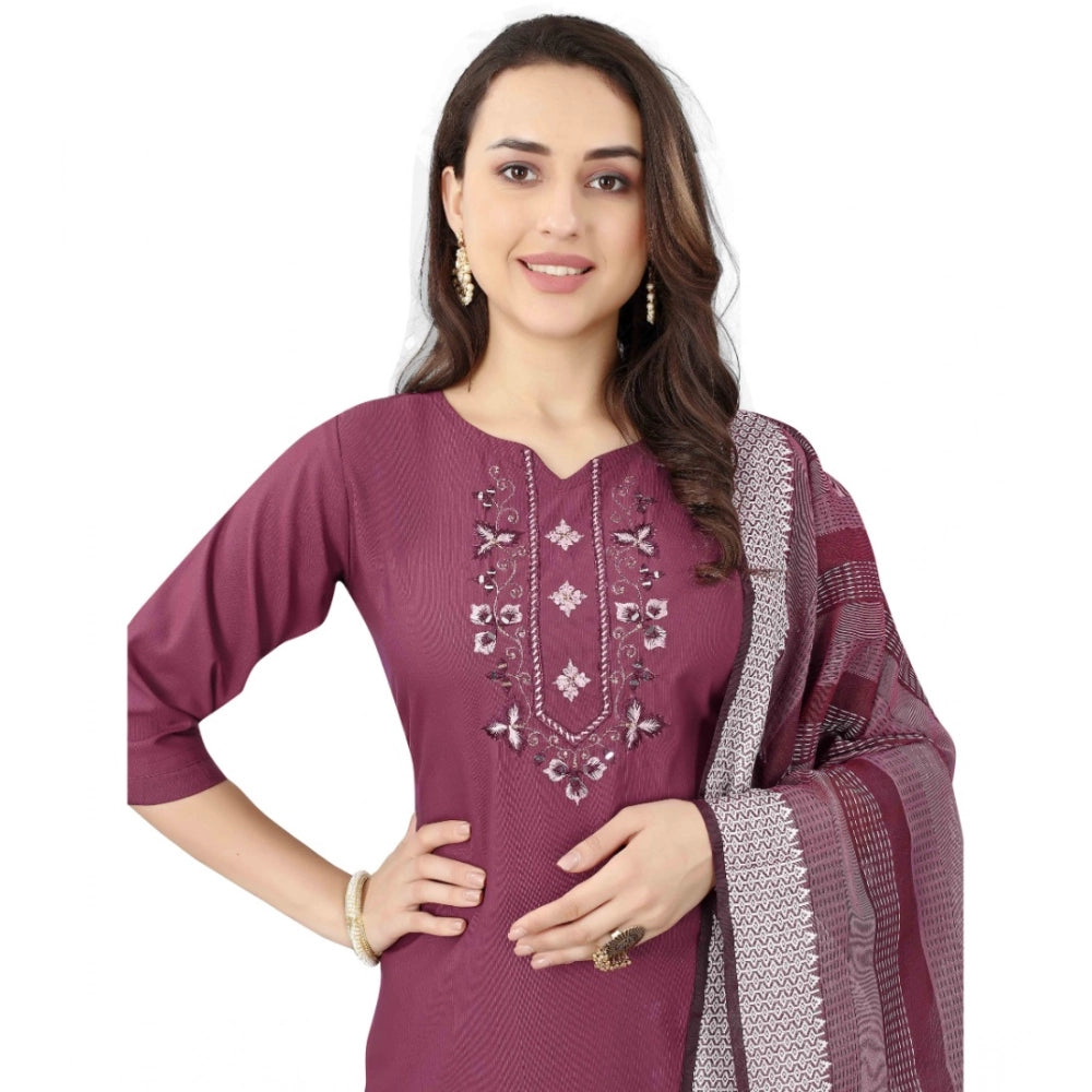 Women's Cotton Blend Mirror Work 3-4 th Sleeve Sweetheart Neck Kurti With Pant Dupatta Set (Purple)