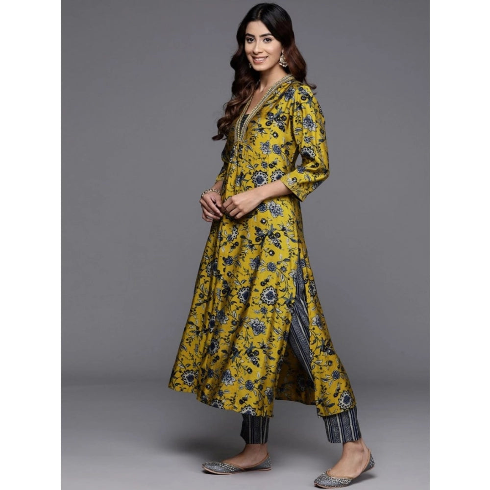 Women's Cotton Blend Printed 3-4 th Sleeve V Neck Kurti With Pant Dupatta Set (Yellow)