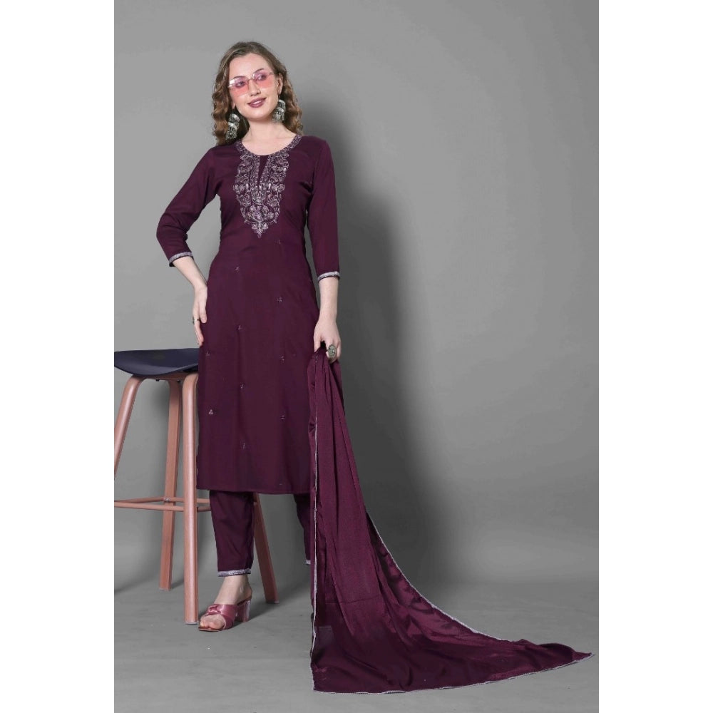 Women's Silk Blend Embroidered 3-4 th Sleeve Round Neck Kurti With Pant Dupatta Set (Purple)