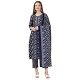 Women's Cotton Blend Printed 3-4 th Sleeve Round Neck Kurti With Pant Dupatta Set (Navy Blue)