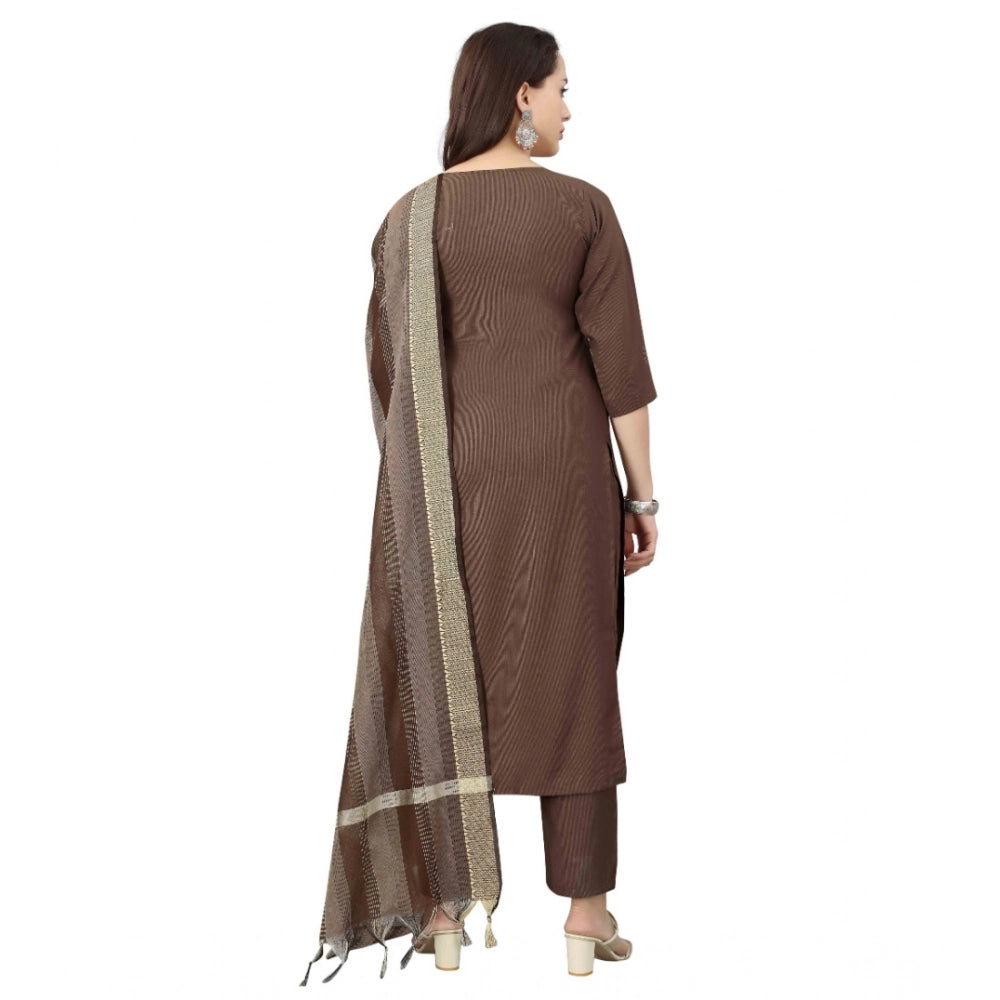 Women's Cotton Blend Mirror Work 3-4 th Sleeve Sweetheart Neck Kurti With Pant Dupatta Set (Brown)