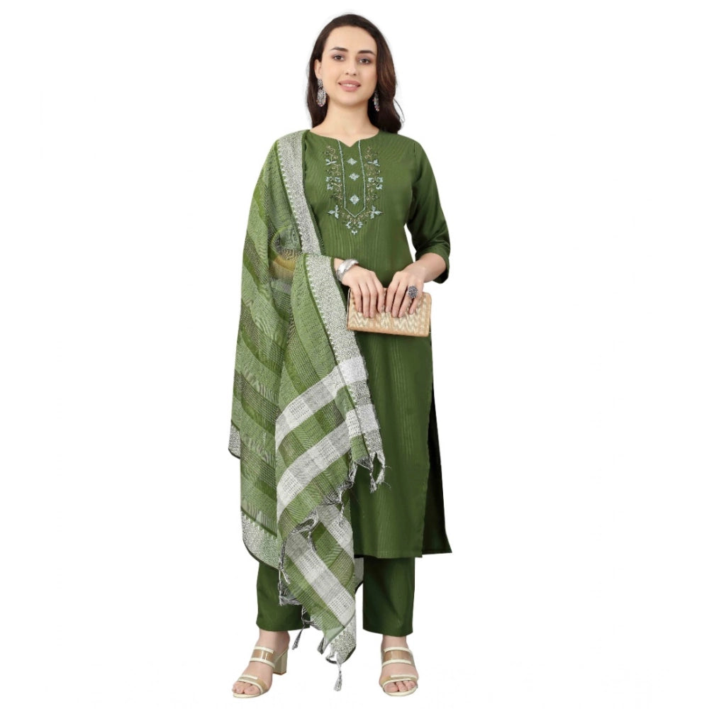 Women's Cotton Blend Mirror Work 3-4 th Sleeve Sweetheart Neck Kurti With Pant Dupatta Set (Mehendi green)