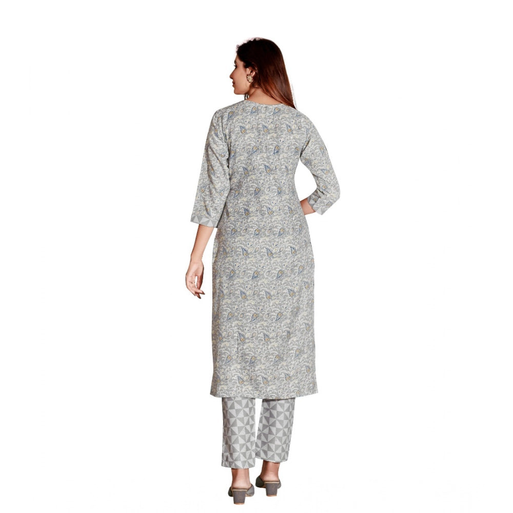 Women's Cotton Blend Foil Print - Mirror Work 3-4 th Sleeve Round Neck Kurti With Pant Set (Grey)