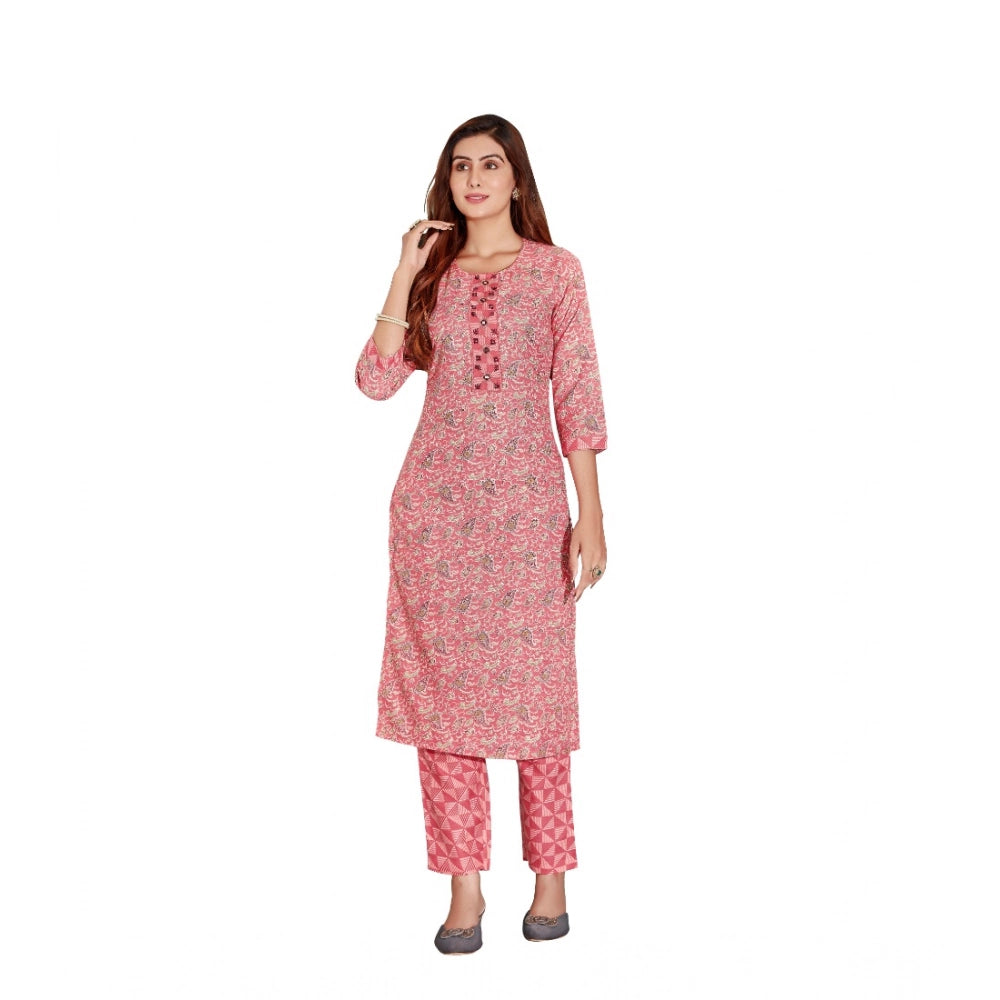 Women's Cotton Blend Foil Print - Mirror Work 3-4 th Sleeve Round Neck Kurti With Pant Set (Pink)