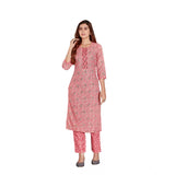 Women's Cotton Blend Foil Print - Mirror Work 3-4 th Sleeve Round Neck Kurti With Pant Set (Pink)