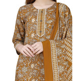 Women's Cotton Blend Printed 3-4 th Sleeve Round Neck Kurti With Pant Dupatta Set (Yellow)