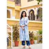 Women's Cotton Printed 3-4 th Sleeve V Neck Kurti With Pant Dupatta Set (Blue)