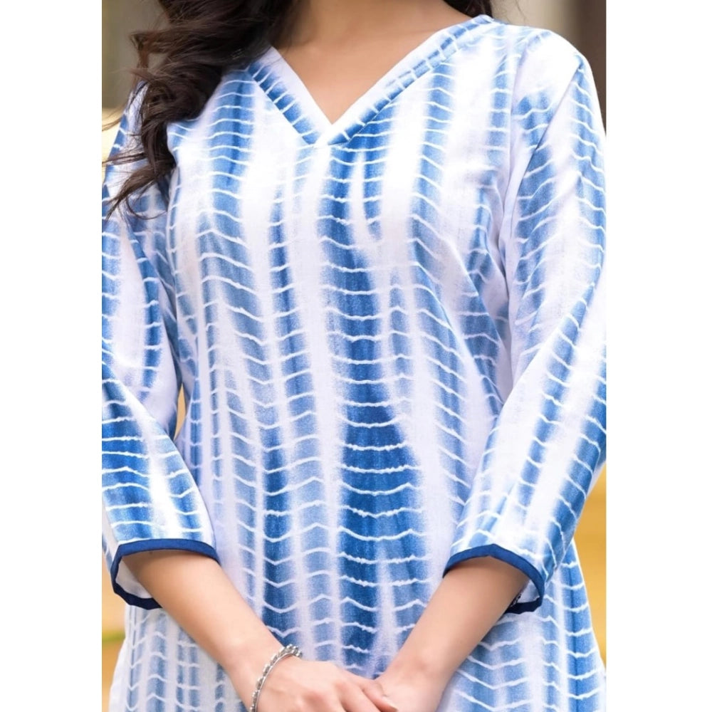 Women's Cotton Printed 3-4 th Sleeve V Neck Kurti With Pant Dupatta Set (Blue)
