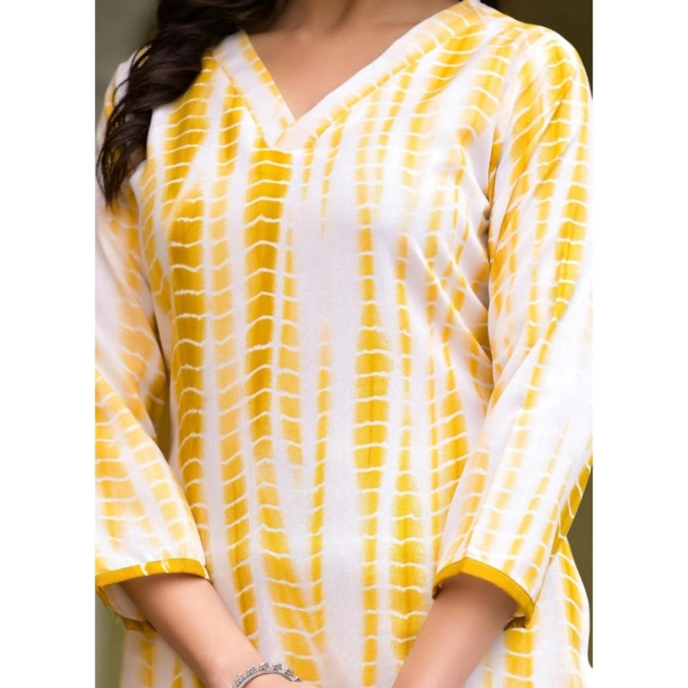 Women's Cotton Printed 3-4 th Sleeve V Neck Kurti With Pant Dupatta Set (Yellow)