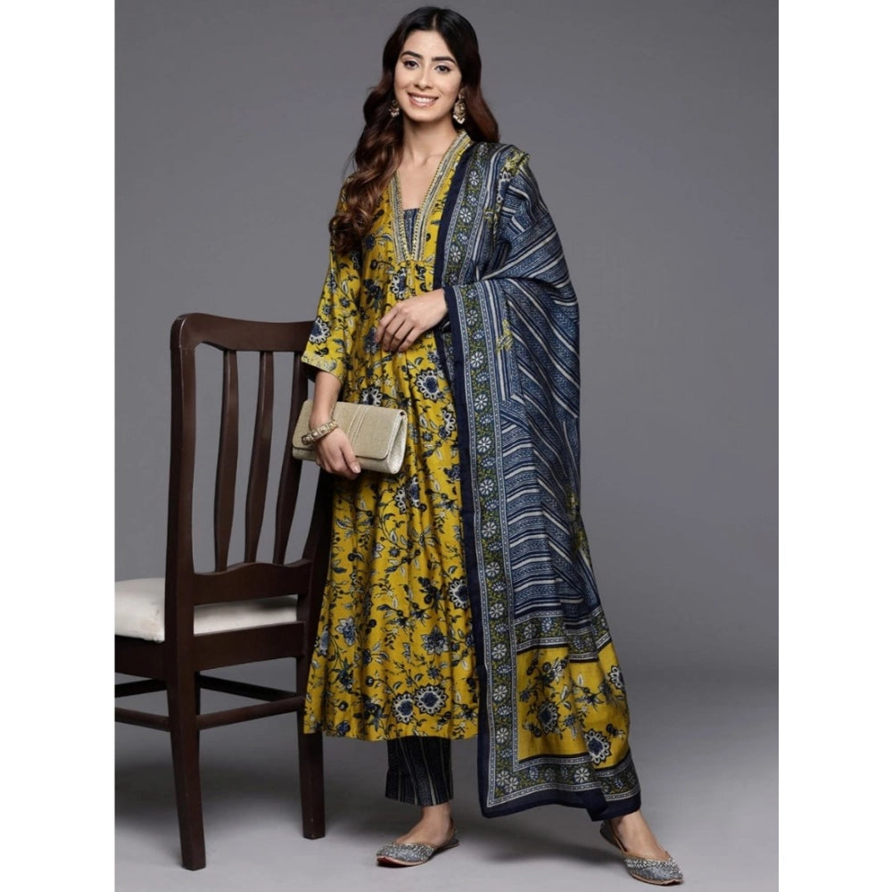 Women's Cotton Blend Printed 3-4 th Sleeve V Neck Kurti With Pant Dupatta Set (Yellow)