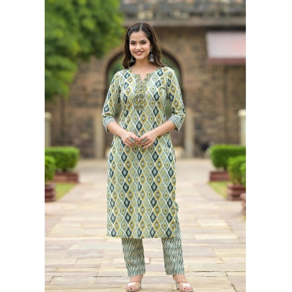 Women's Cotton Printed 3-4 th Sleeve V Neck Kurti With Pant Dupatta Set (Green)