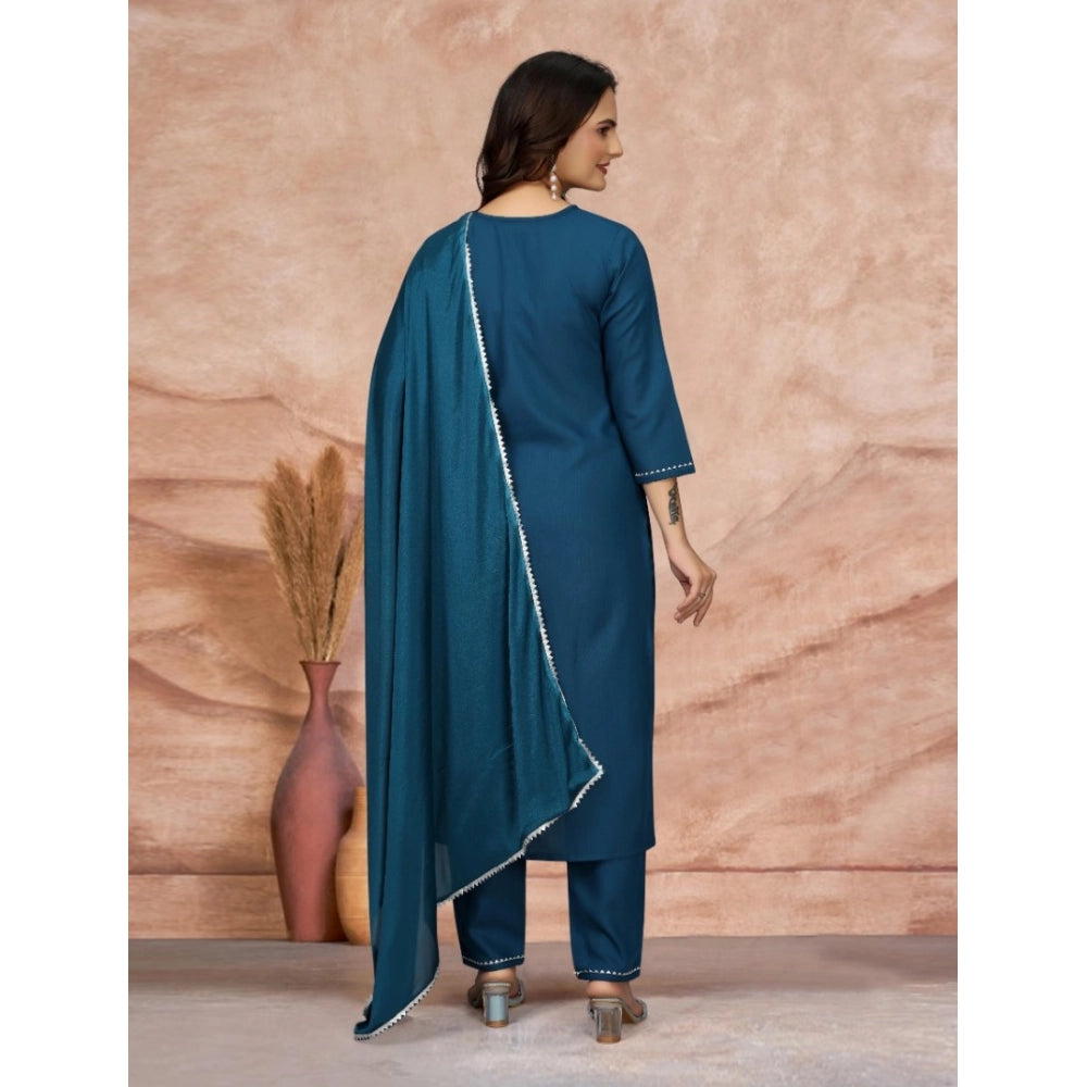 Women's Cotton Blend Embroidered 3-4 th Sleeve Sweetheart Neck Kurti With Pant Dupatta Set (Blue)