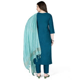 Women's Cotton Blend Embroidered 3-4 th Sleeve V Neck Kurti With Pant Dupatta Set (Indigo)