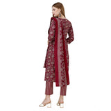 Women's Cotton Blend Printed 3-4 th Sleeve Round Neck Kurti With Pant Dupatta Set (Maroon)