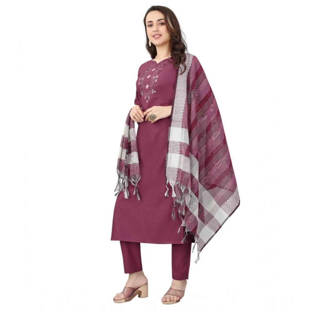 Women's Cotton Blend Mirror Work 3-4 th Sleeve Sweetheart Neck Kurti With Pant Dupatta Set (Purple)