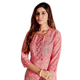 Women's Cotton Blend Foil Print - Mirror Work 3-4 th Sleeve Round Neck Kurti With Pant Set (Pink)