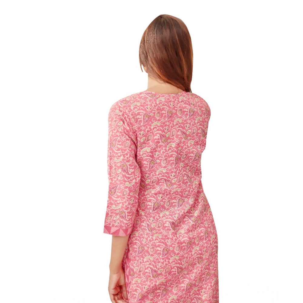 Women's Cotton Blend Foil Print - Mirror Work 3-4 th Sleeve Round Neck Kurti With Pant Set (Pink)