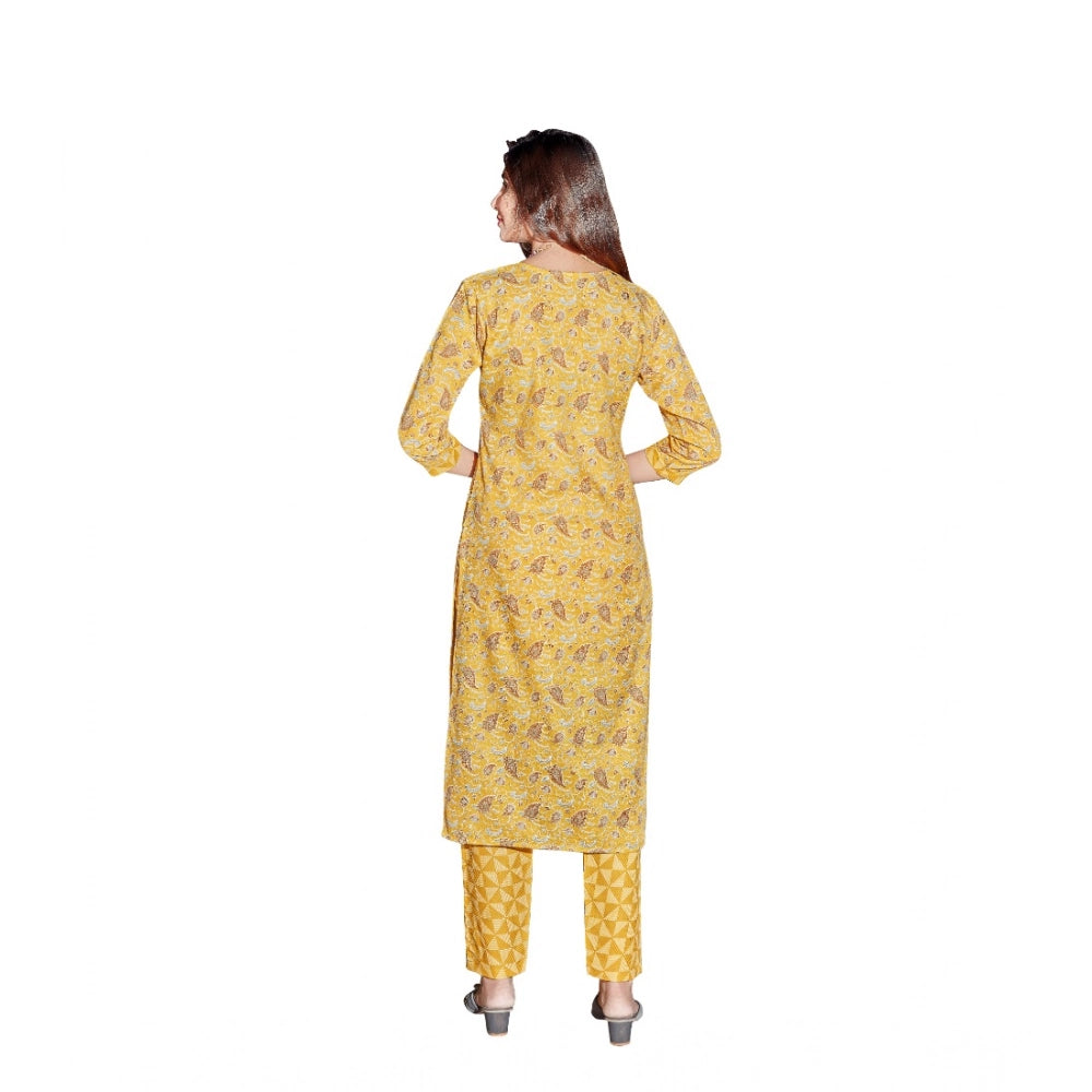Women's Cotton Blend Foil Print - Mirror Work 3-4 th Sleeve Round Neck Kurti With Pant Set (Mustard)