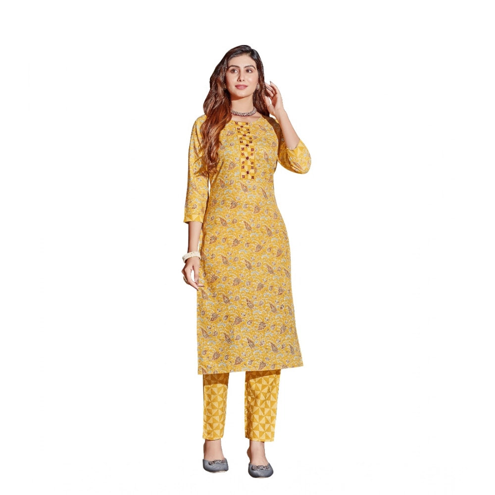 Women's Cotton Blend Foil Print - Mirror Work 3-4 th Sleeve Round Neck Kurti With Pant Set (Mustard)