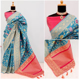 Aqua blue Banarasi printed saree with unstitched blouse, vibrant traditional Indian attire for women