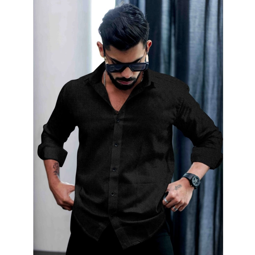 Black pollycotton textured men's casual full sleeve collar shirt on hangar