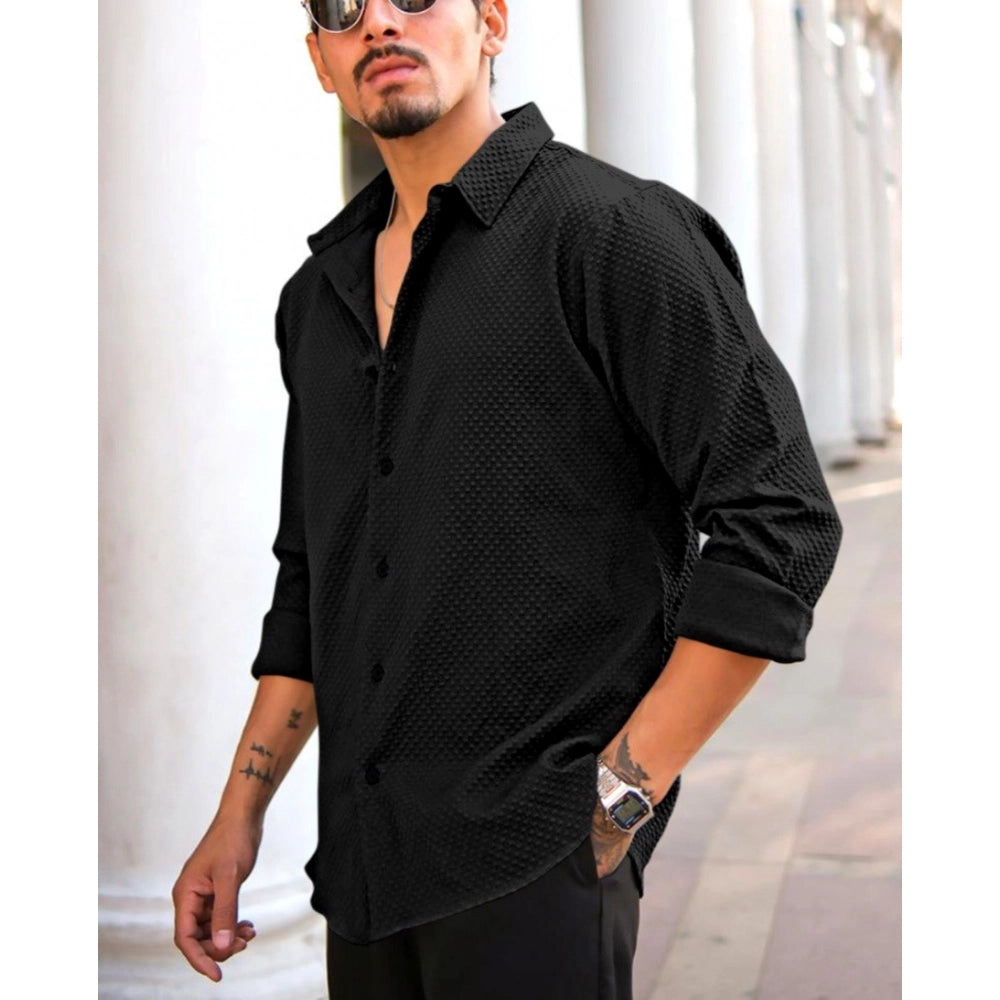 Black popcorn self-design men's casual shirt with full sleeves and collar