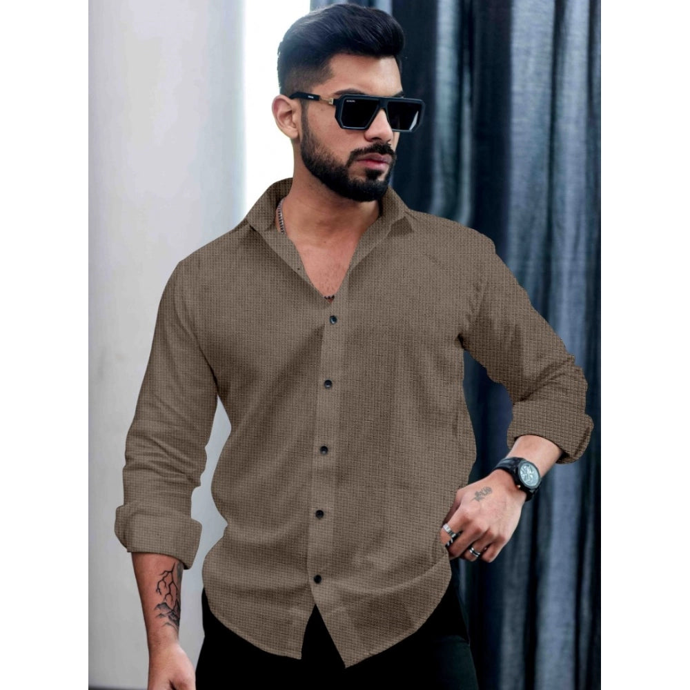 Grey PollyCotton textured men's casual full sleeve collar shirt on model