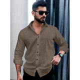 Grey PollyCotton textured men's casual full sleeve collar shirt on model