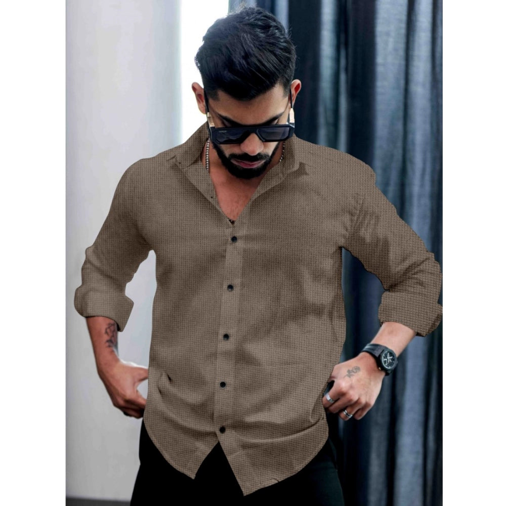 Grey pollycotton men's casual textured full sleeve collar shirt with a close-up focus on texture detail