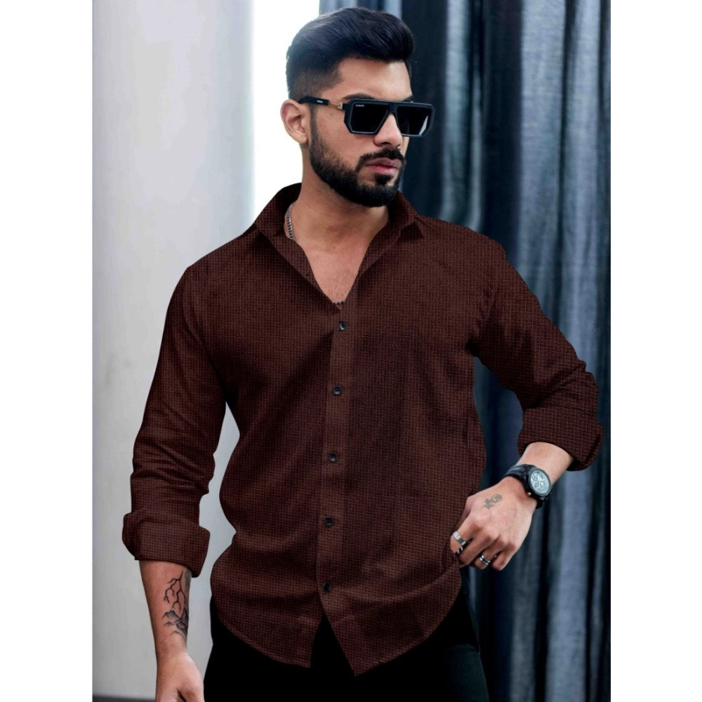 Brown PollyCotton men's casual self-design full sleeve collar shirt with patterned design