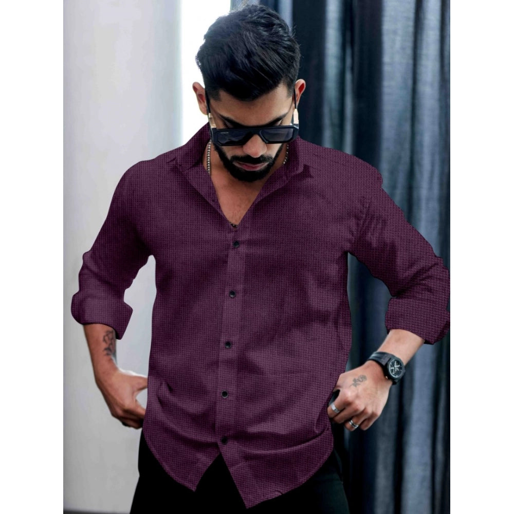 Wine PollyCotton men's casual self-design full sleeve collar shirt with collared neck type, ideal for everyday wear