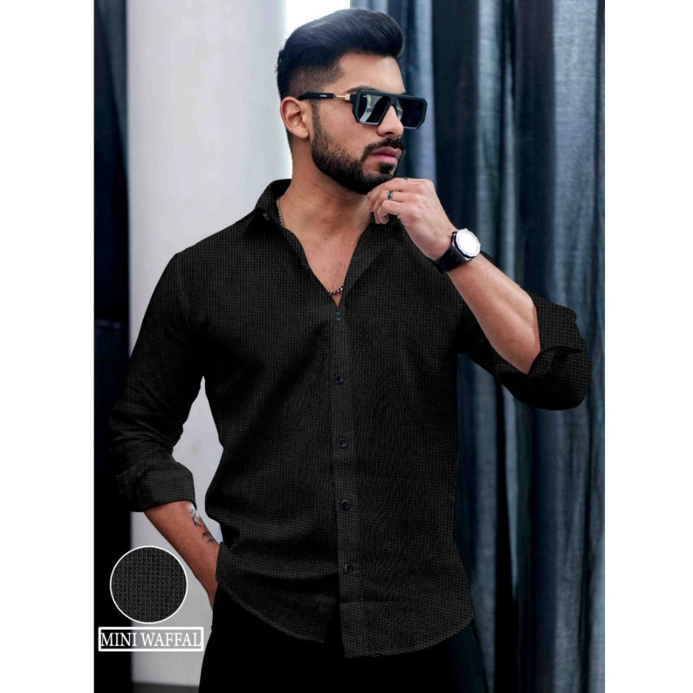 Black PollyCotton men's casual textured full sleeve collar shirt, ideal for a relaxed yet stylish look