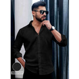 Black PollyCotton men's casual textured full sleeve collar shirt, ideal for a relaxed yet stylish look