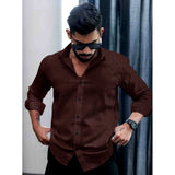 Brown PollyCotton men's casual self-design full sleeve collar shirt with detailed pattern