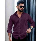Wine PollyCotton men's casual self-design full sleeve collar shirt with collared neck type, ideal for everyday wear