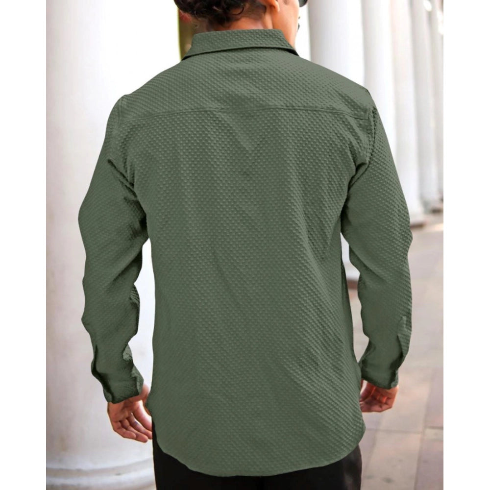 Men's Casual Popcorn Self-design Full Sleeve Collar Shirt (Green)