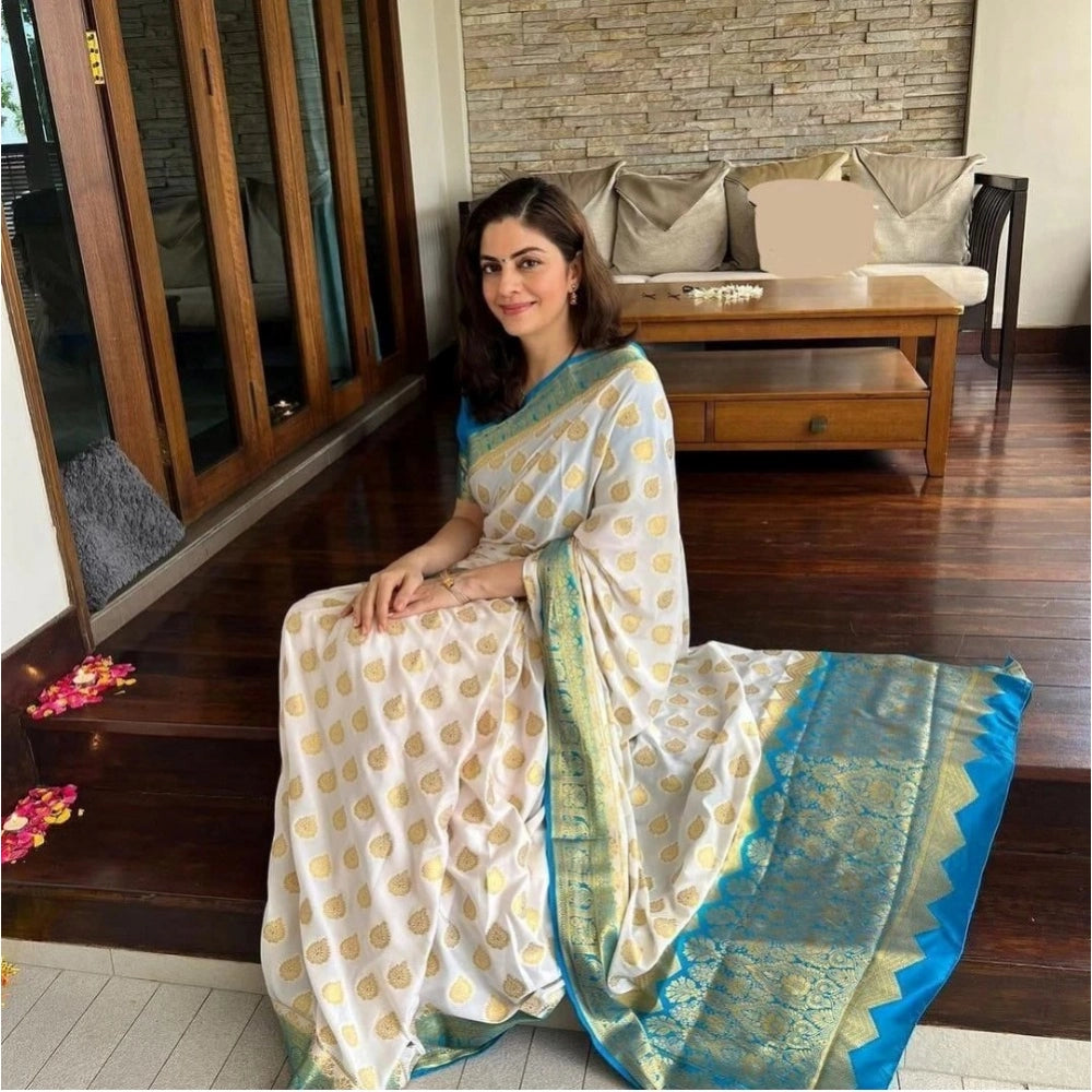 Women's Silk Blend Woven Kanjivaram Saree With Unstitched Blouse (5.5Mtr, White Rama)