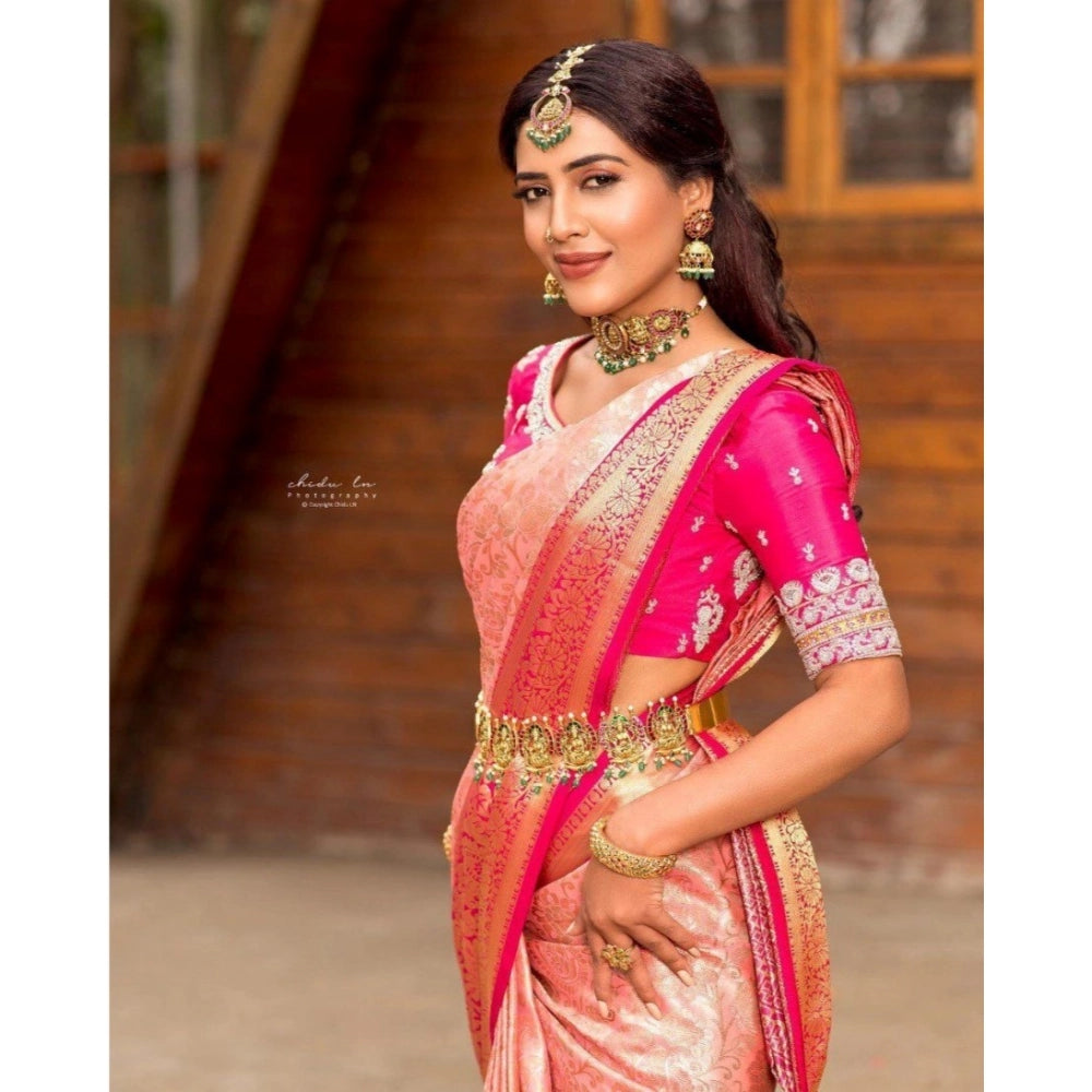 Women's Silk Blend Self Design Banarasi Saree With Unstitched Blouse (5.5Mtr, Peach)
