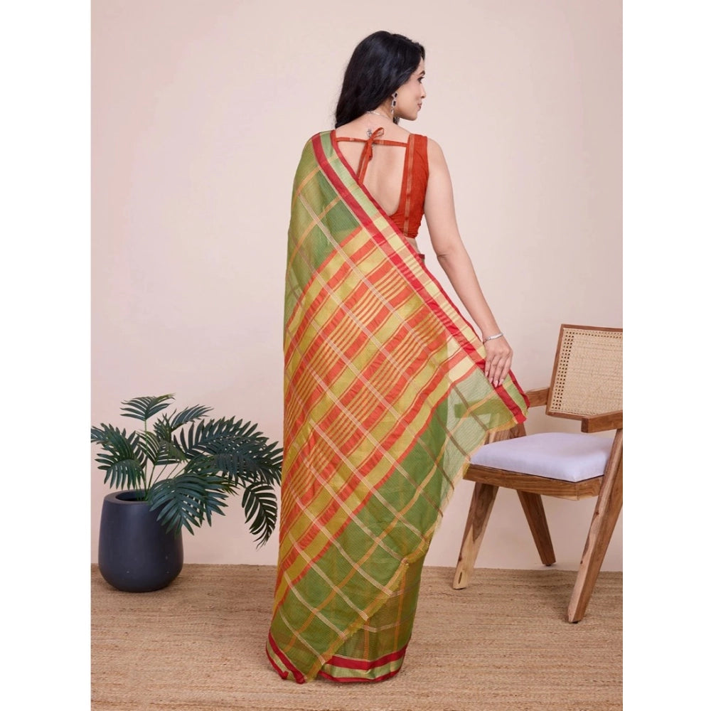 Mehendi green, cotton silk checkered Kota Doria saree with unstitched blouse (5.5mtr)