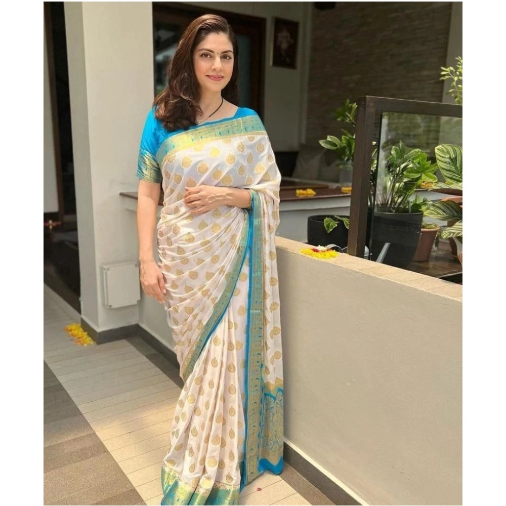 Women's Silk Blend Woven Kanjivaram Saree With Unstitched Blouse (5.5Mtr, White Rama)