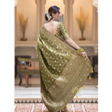 Women's Silk Woven Kanjivaram Saree With Unstitched Blouse (5.5Mtr, Mehendi Green)