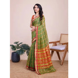 Mehendi green cotton silk checkered Kota Doria saree with unstitched blouse (5.5Mtr), traditional Indian attire for women