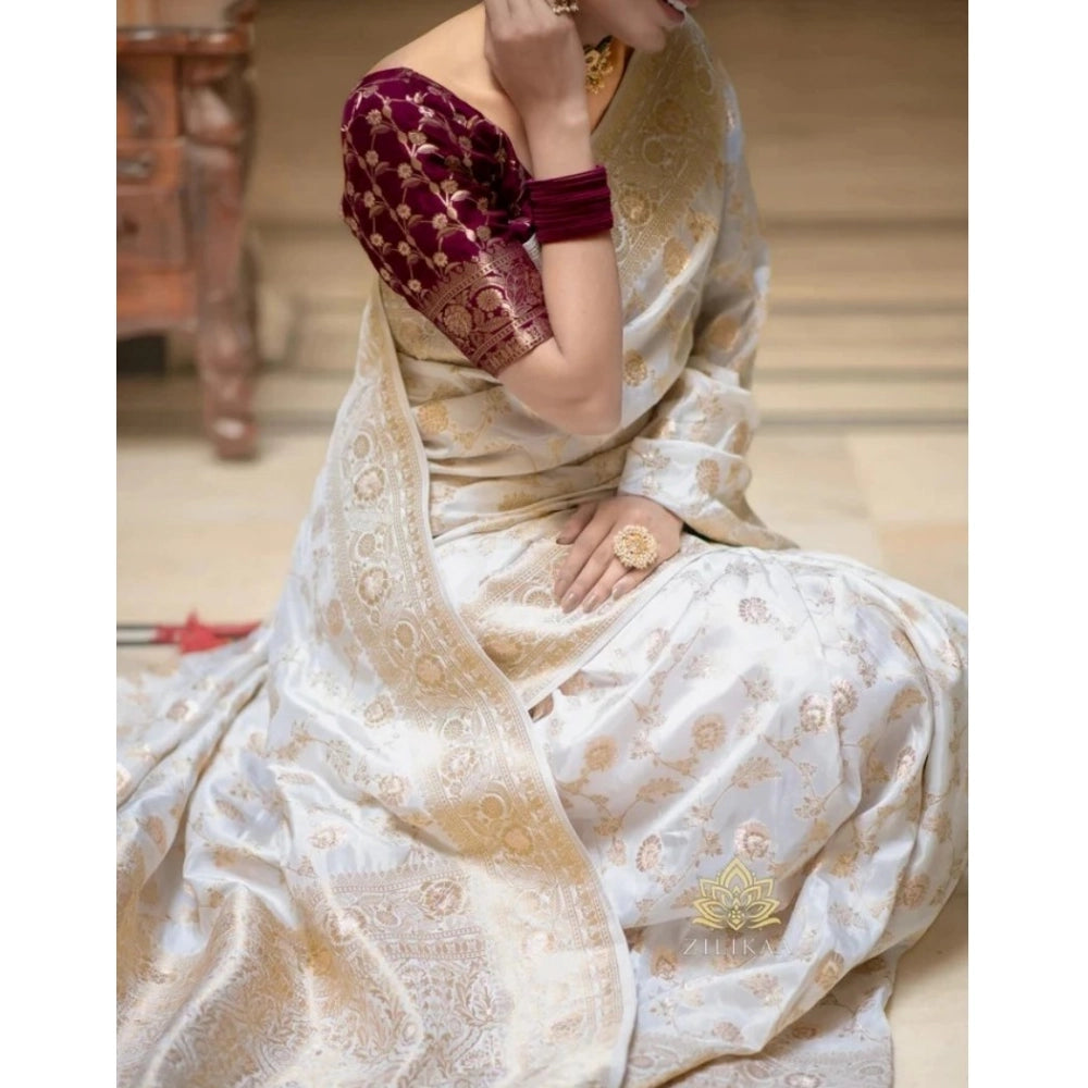 Women's Silk Woven Kanjivaram Saree With Unstitched Blouse (5.5Mtr, White)
