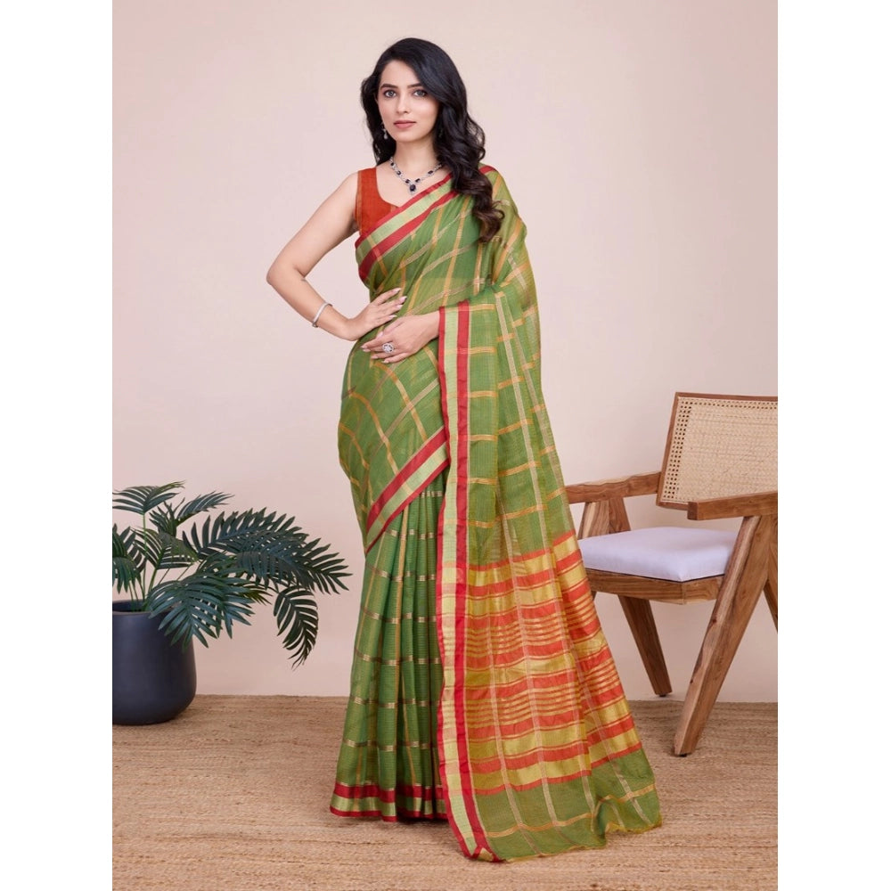 Women's cotton silk Mehendi green checkered Kota Doria saree with unstitched blouse (5.5Mtr), traditional Indian fashion on mannequin