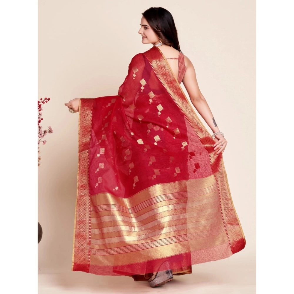 Women's Silk Blend Printed Banarasi Saree With Unstitched Blouse (5.5Mtr, Dark Rani)